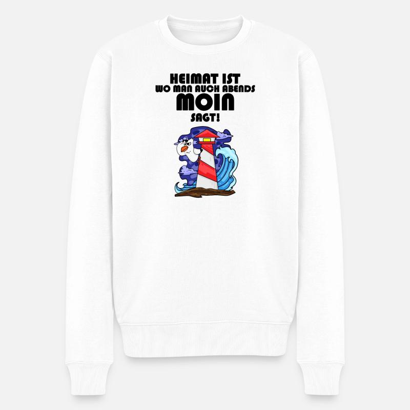 Nordsee Plattdeutsch Spruch Moin Möwe Leuchtturm - Männer Premium Bio Pullover - Weiß