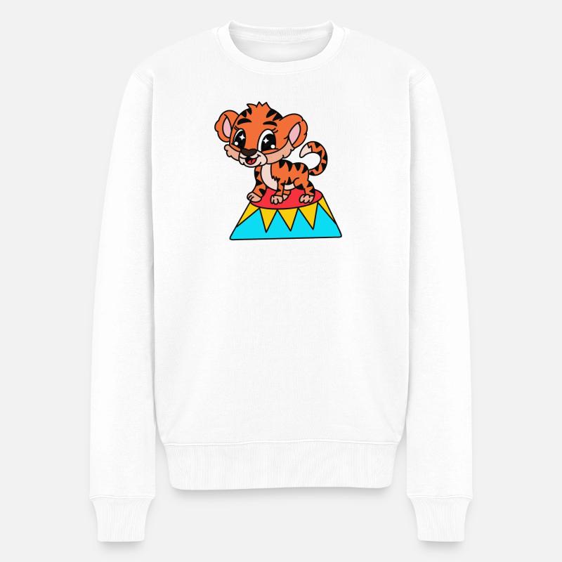 Kleiner Tiger auf Zirkusplattform - Männer Premium Bio Pullover - Weiß
