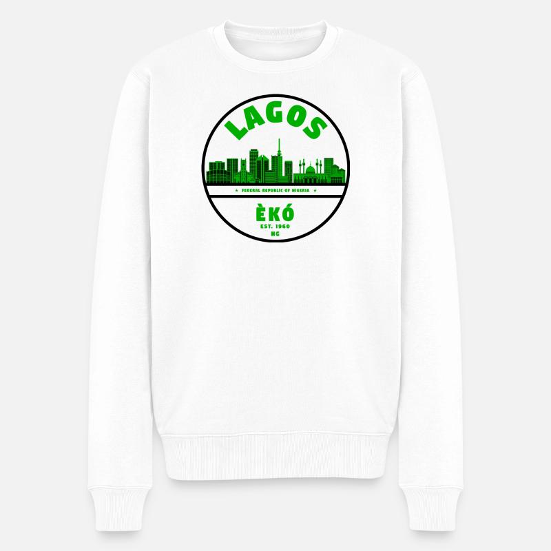Lagos Skyline Grün - Männer Premium Bio Pullover - Weiß