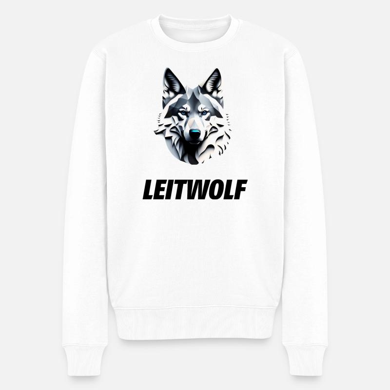 Wolfskopf mit Leitwolf Schriftzug - Männer Premium Bio Pullover - Weiß
