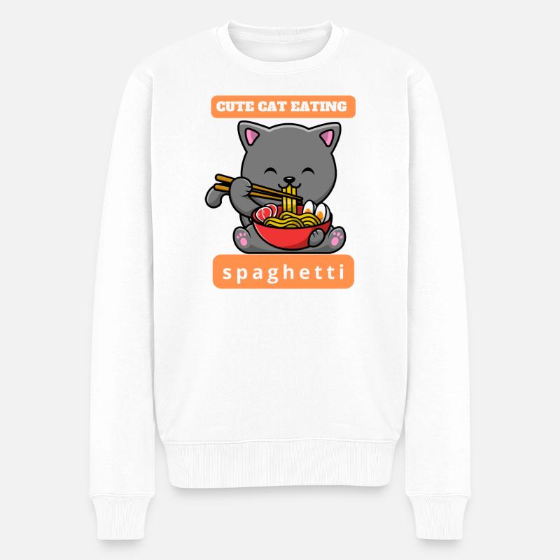 Lustige Katze isst Spaghetti - Männer Premium Bio Pullover - Weiß