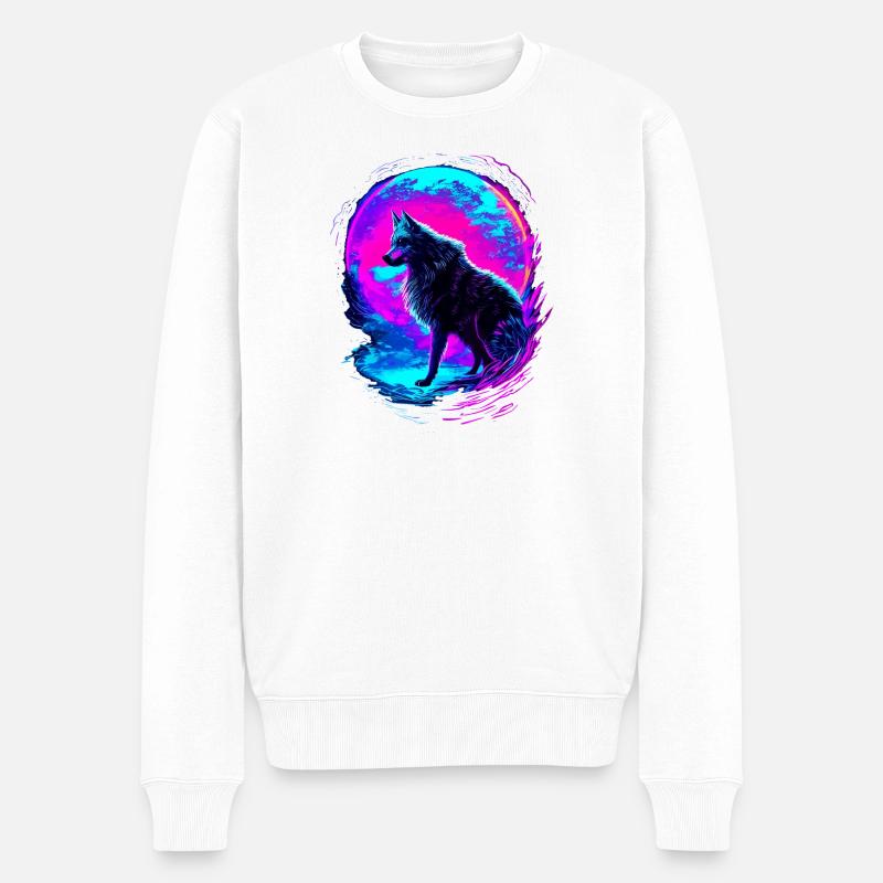 Wolf Neon Moon Synthwave - Männer Premium Bio Pullover - Weiß