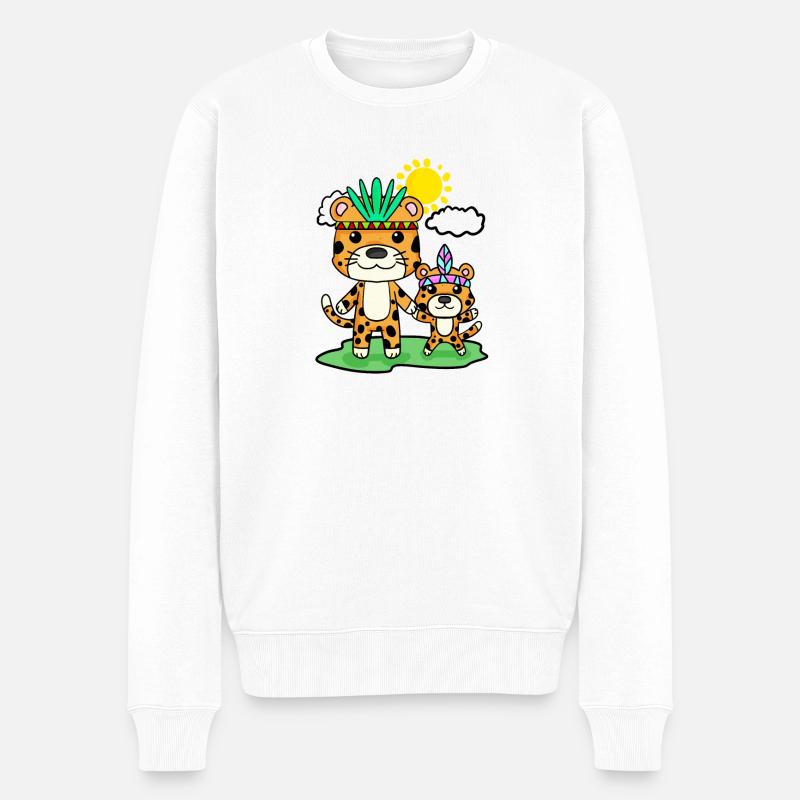 Leopard Familie - Leopard mit Baby - Männer Premium Bio Pullover - Weiß
