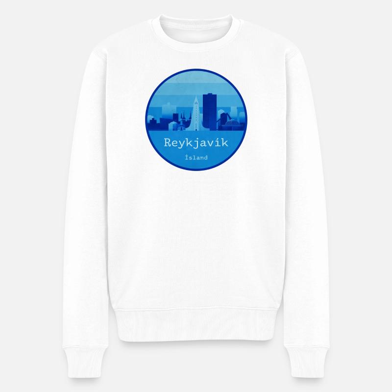 Logo rond bleu Reykjavík Skyline - Pull Premium bio Homme - blanc