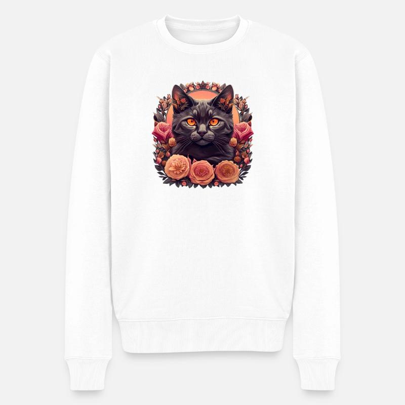 Chat floral - Pull Premium bio Homme - blanc