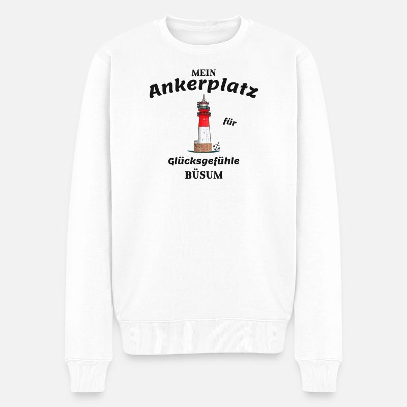 Büsum, Leuchtturm, Ankerplatz für Glücksgefühle - Männer Premium Bio Pullover - Weiß
