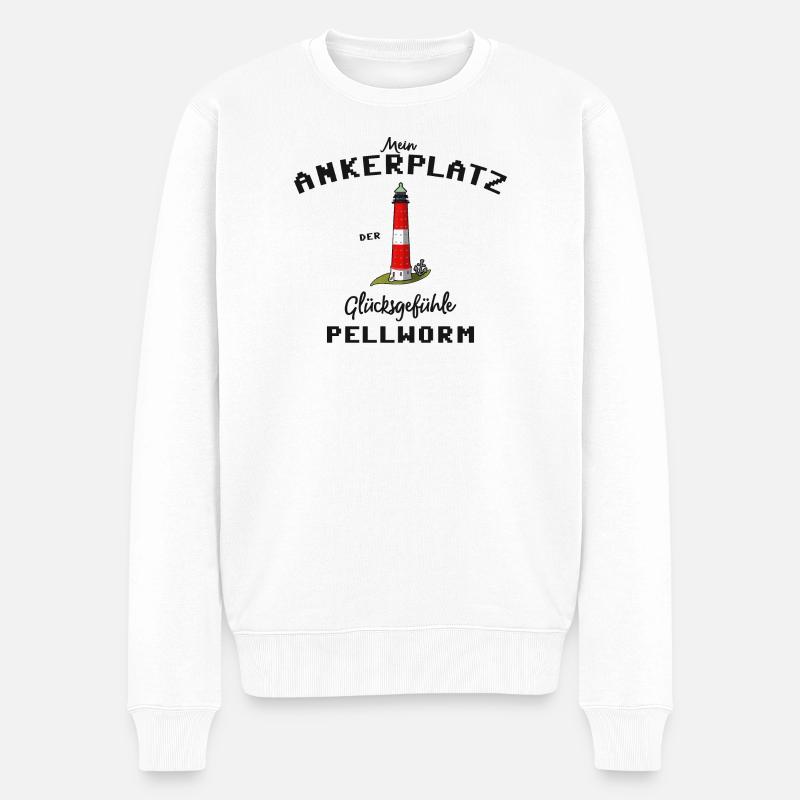 Pellworm, Ankerplatz Glücksgefühle, Leuchtturm - Männer Premium Bio Pullover - Weiß