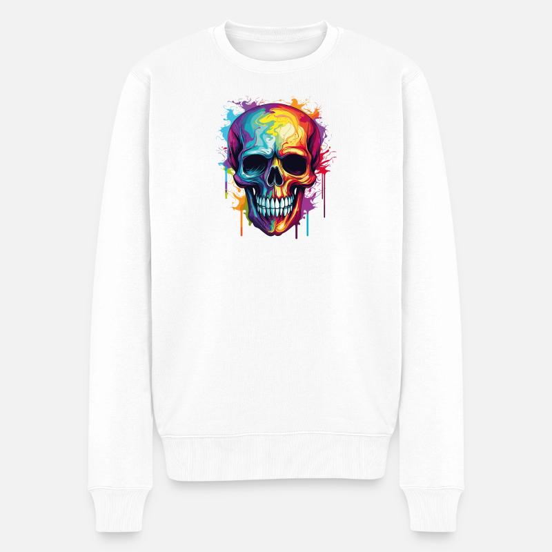 Psychedelischer Rainbow Farbschädel  - Männer Premium Bio Pullover - Weiß