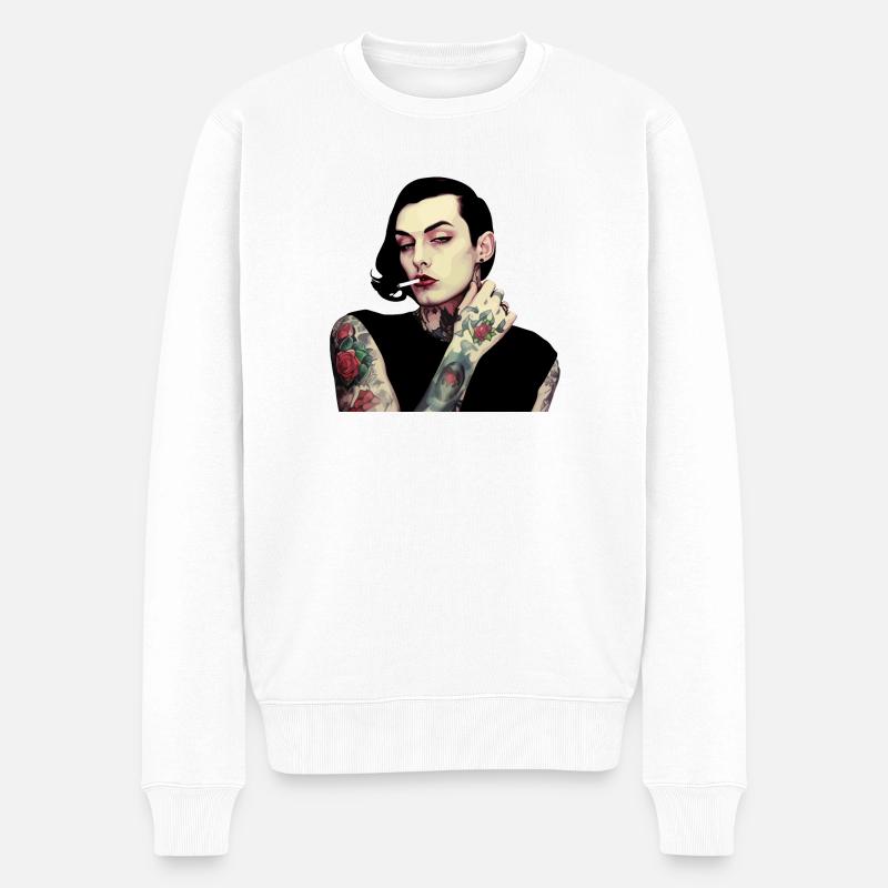 Gothic Tätowierte Frau mit Zigarette - Männer Premium Bio Pullover - Weiß
