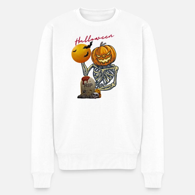 Kürbis Skelett Halloween Design - Männer Premium Bio Pullover - Weiß