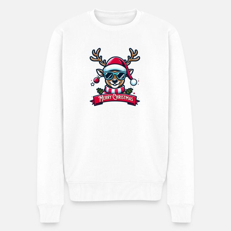 Rentier mit Santa Hut und Brille - Männer Premium Bio Pullover - Weiß