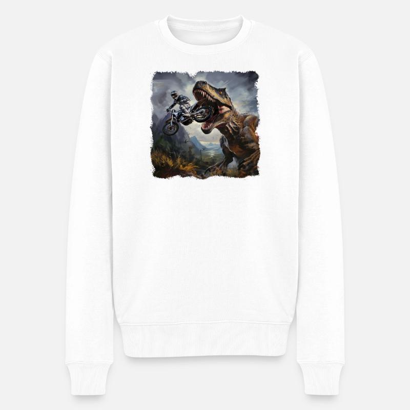 T Rex Motorradfahrer - Männer Premium Bio Pullover - Weiß