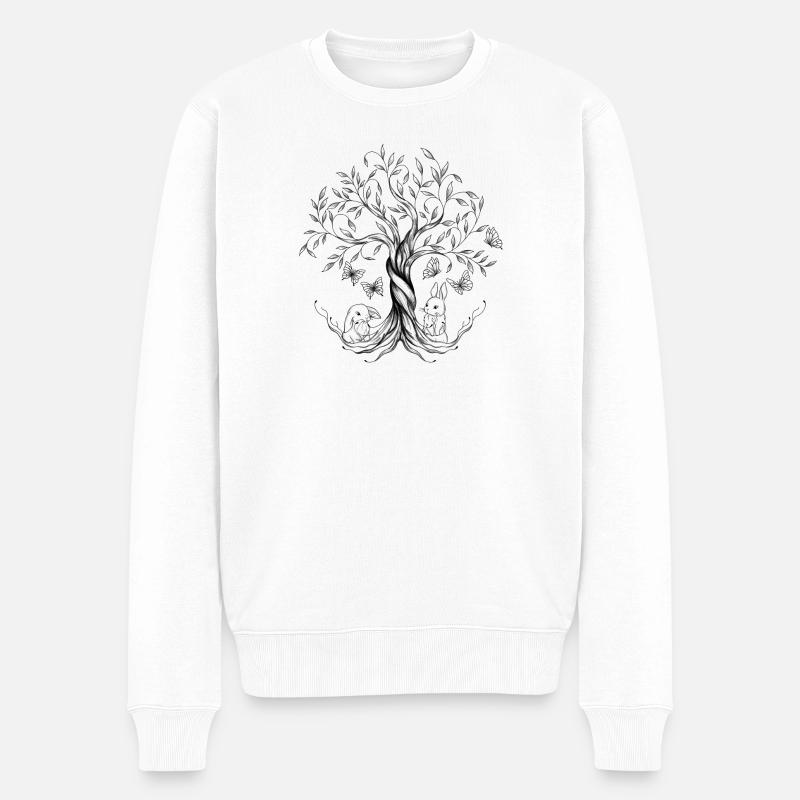 Zeichnung Baum des Lebens, Kaninchen, Schmetterlinge - Männer Premium Bio Pullover - Weiß