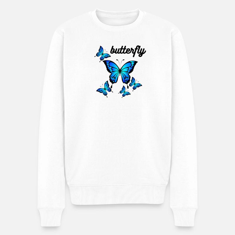 Papillons bleus sur Midnight Black - Pull Premium bio Homme - blanc