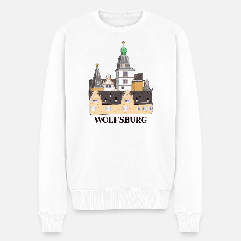 Wolfsburg, Schloss, Deutschland, Handzeichnung - Männer Premium Bio Pullover - Weiß