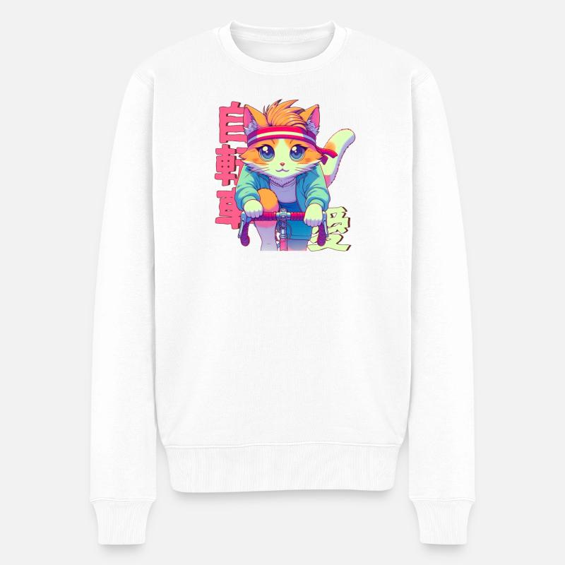 Radfahrender Anime Katze Neko - Männer Premium Bio Pullover - Weiß