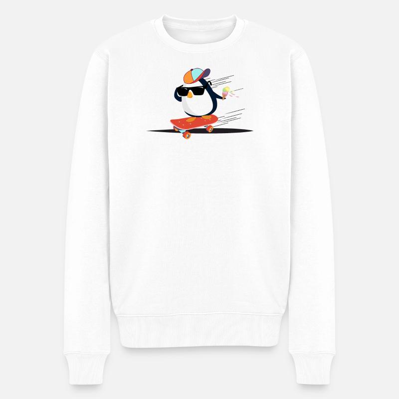 Cooler Pinguin auf Skateboard - Männer Premium Bio Pullover - Weiß
