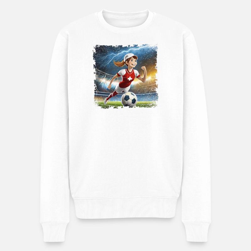 Fussballerin Comicfigur Stadion mit Blitzen - Männer Premium Bio Pullover - Weiß