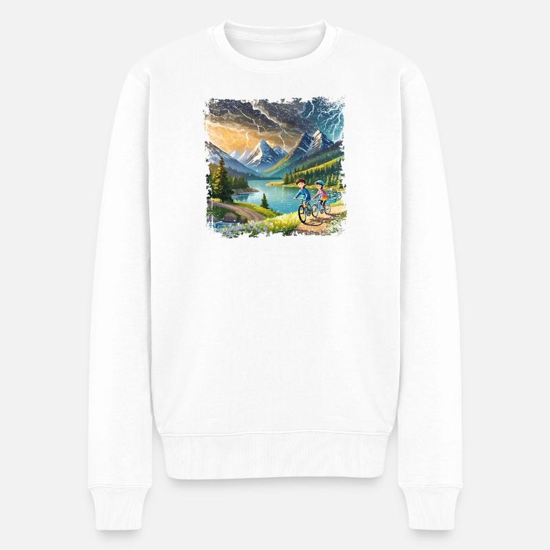 Kinder auf Fahrrädern in Berglandschaft - Männer Premium Bio Pullover - Weiß
