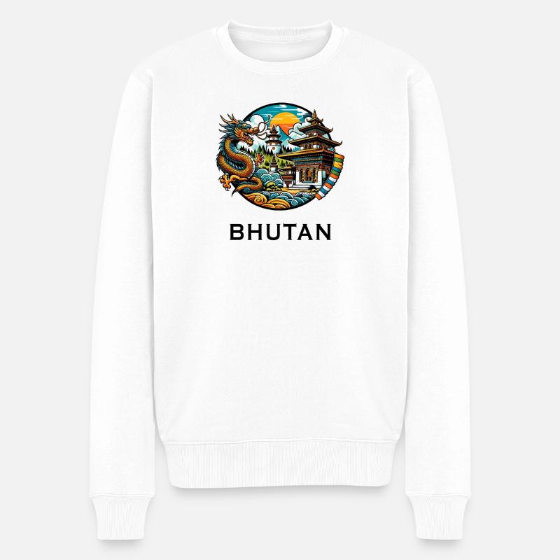 Bhutan Drache Himalaya Thimphu - Männer Premium Bio Pullover - Weiß
