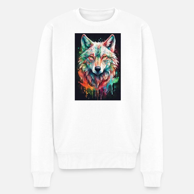 Bunter Wolfkopf Farbexplosion - Männer Premium Bio Pullover - Weiß