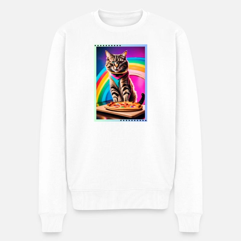 Regenbogenkatze mit Pizza - Männer Premium Bio Pullover - Weiß