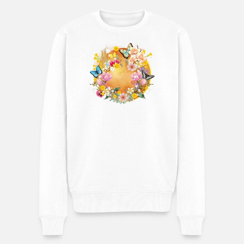 frühlingshafte bunte Blüten & Schmetterlinge - Männer Premium Bio Pullover - Weiß