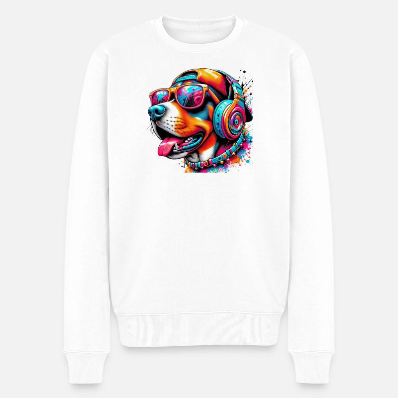 Hund DJ Hut und Sonnenbrille hört Musik - Männer Premium Bio Pullover - Weiß