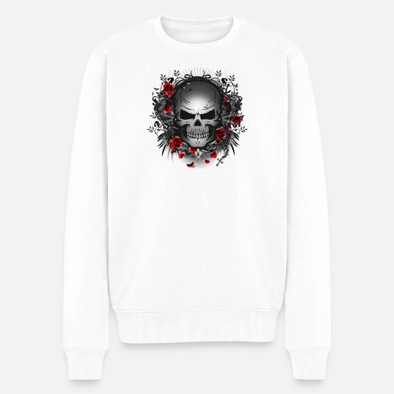 dunkler Gothic Skull mit roten Rosen - Männer Premium Bio Pullover - Weiß