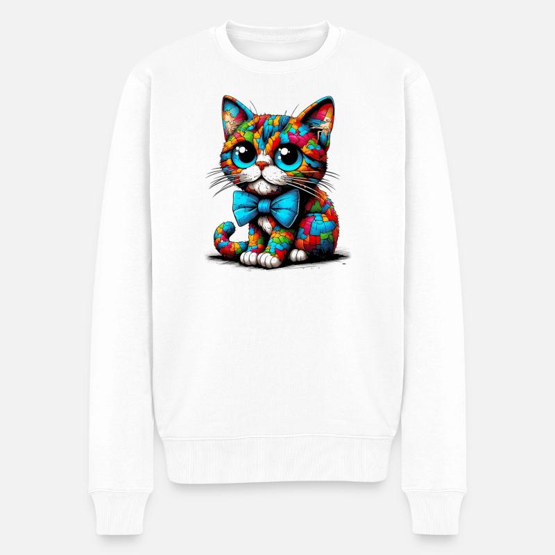 Katze mit Fliege - Männer Premium Bio Pullover - Weiß