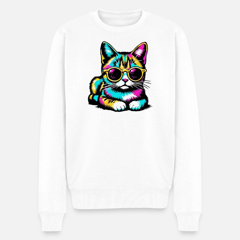 Katze mit Sonnenbrille - Männer Premium Bio Pullover - Weiß