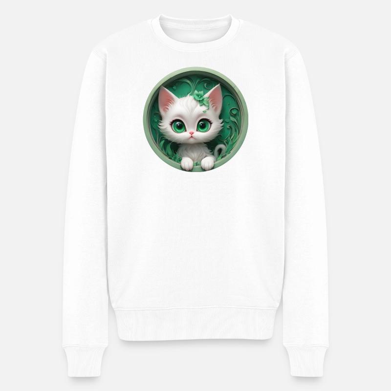 Katzenmädchen im Grünkreis - Männer Premium Bio Pullover - Weiß