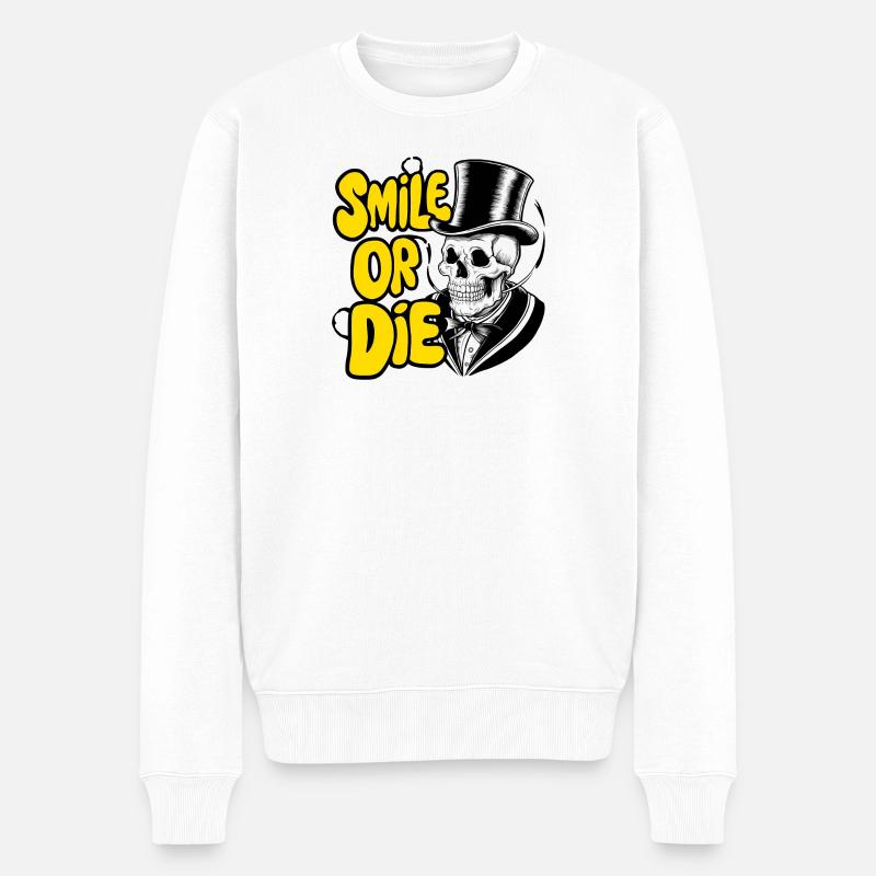Gothic Skelett mit Hut und farbigem Text - Männer Premium Bio Pullover - Weiß