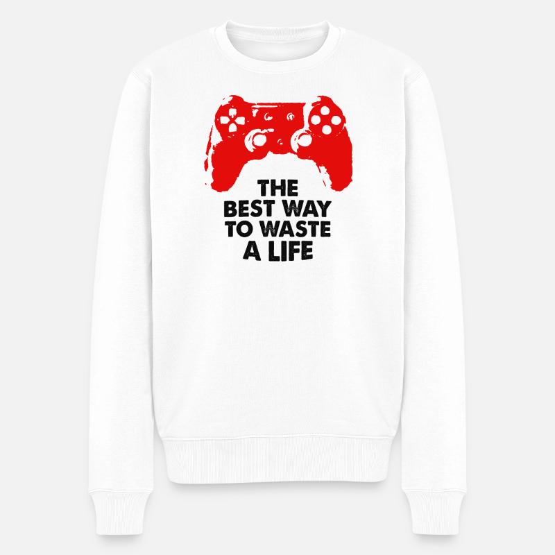 The Best Way To Waste A Life - Gamer Spruch - Männer Premium Bio Pullover - Weiß