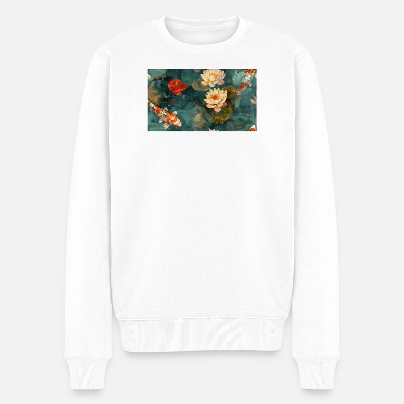 Fleurs de koï et de lotus sur l’eau turquoise - Pull Premium bio Homme - blanc