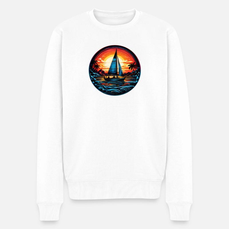 Sonnenuntergangs-Segelboot Neon - Männer Premium Bio Pullover - Weiß