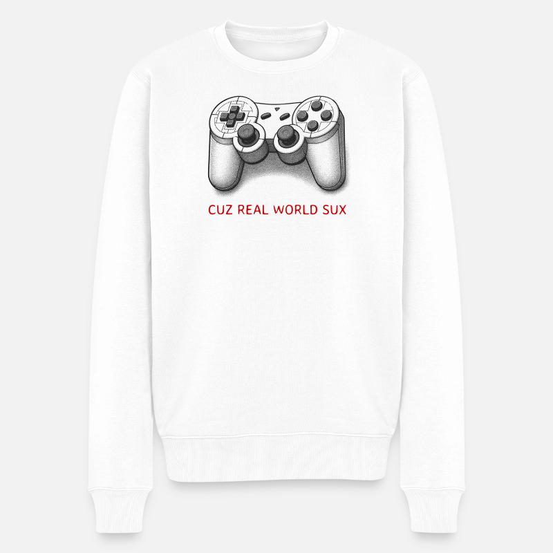 Cuz Real World Sux - Lustiger Gamer Spruch - Männer Premium Bio Pullover - Weiß