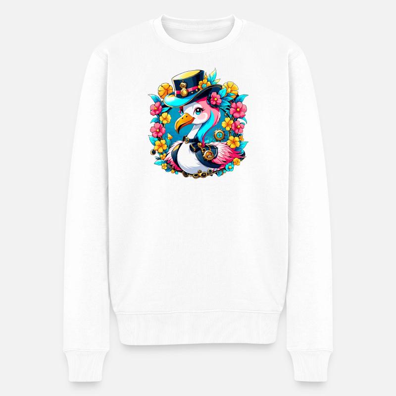 Süßer Flamingo mit buntem Hut - Männer Premium Bio Pullover - Weiß
