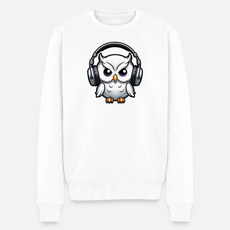 weiße Eule mit Kopfhörern - Männer Premium Bio Pullover - Weiß