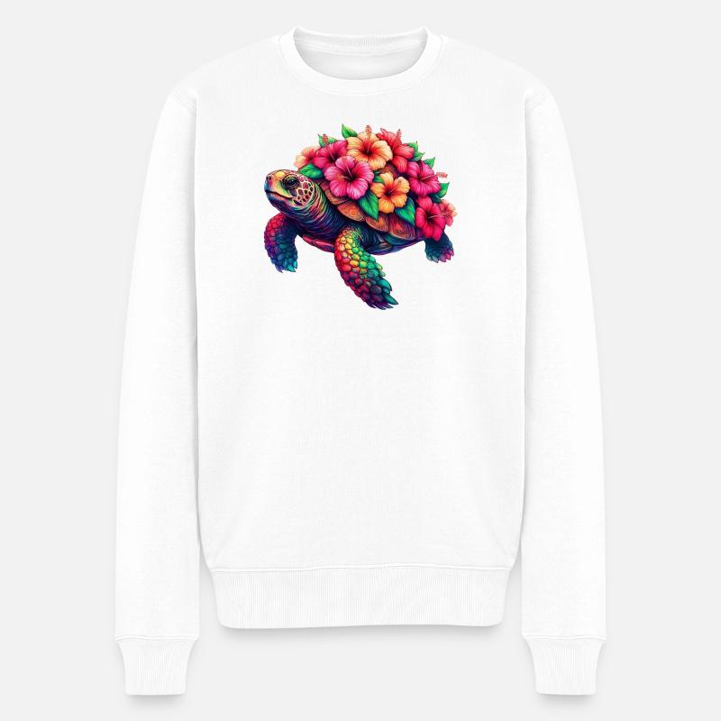 Tortue aux fleurs d’hibiscus - Pull Premium bio Homme - blanc