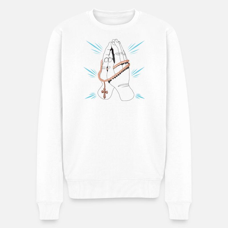 Mains priantes avec rosarium de perles - Pull Premium bio Homme - blanc