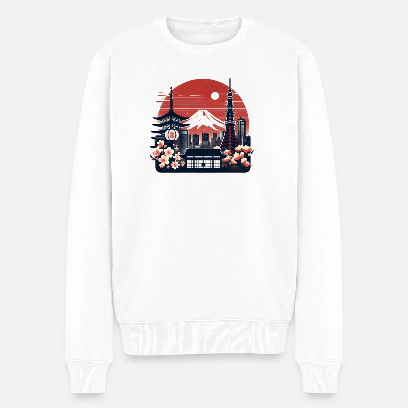 Tokyo Sakura Skyline Illustration - Pull Premium bio Homme - blanc