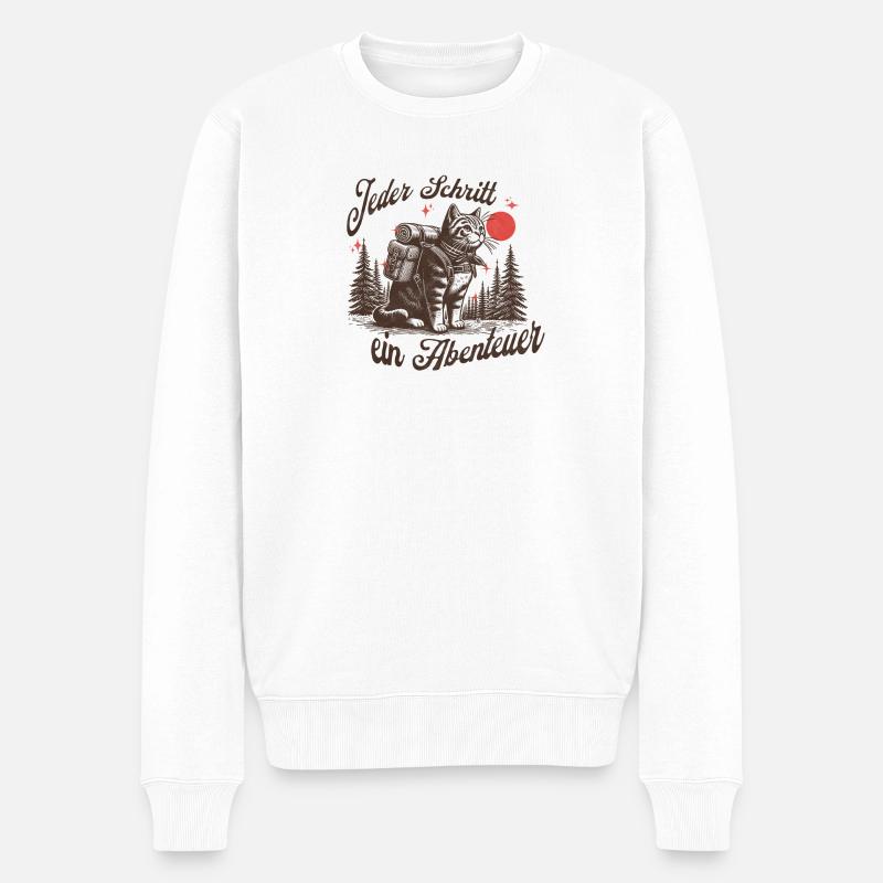 Abenteuerlicher Katzenwanderer beim Nachthimmel - Männer Premium Bio Pullover - Weiß