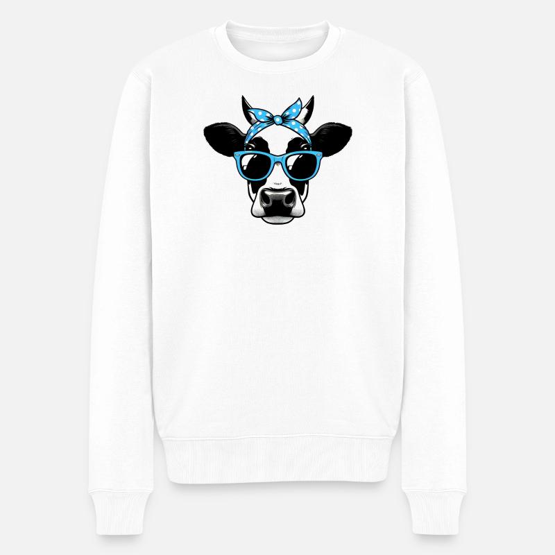 Kuh mit Sonnenbrille - Männer Premium Bio Pullover - Weiß