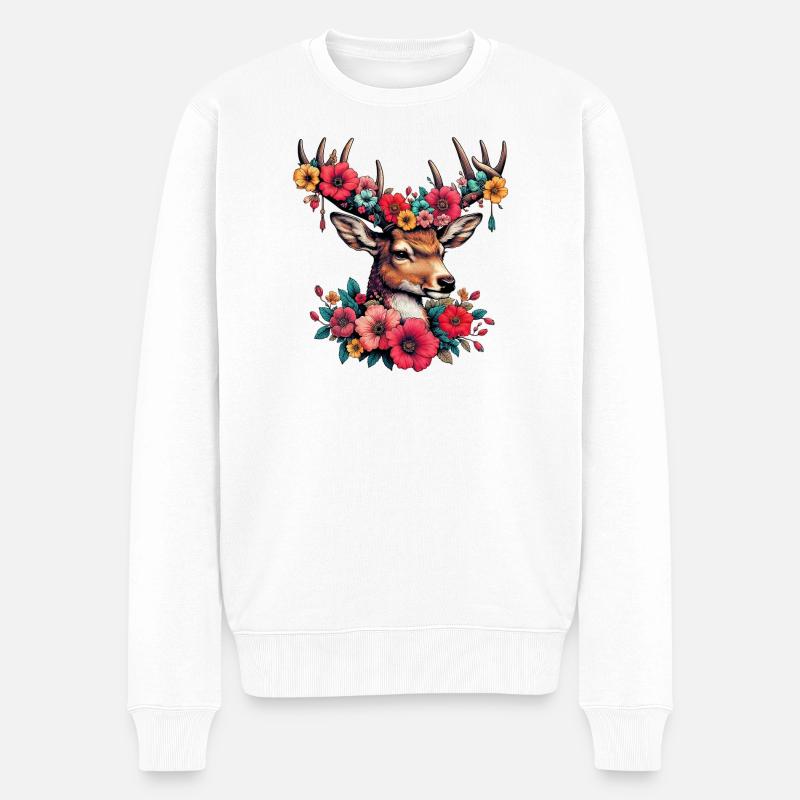 Cerf avec des fleurs - Pull Premium bio Homme - blanc