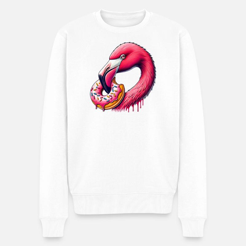 witziger Augenschmaus - Flamingo mit Donut - Männer Premium Bio Pullover - Weiß