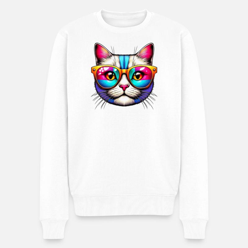 Kater mit Sonnenbrille - Männer Premium Bio Pullover - Weiß