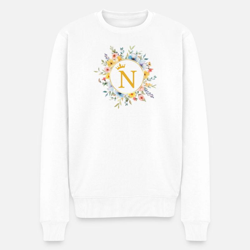N Monogramme, Cercle de fleurs, Personnalisable - Pull Premium bio Homme - blanc