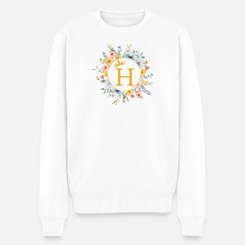 H Monogramme, Cercle de fleurs, Personnalisable - Pull Premium bio Homme - blanc