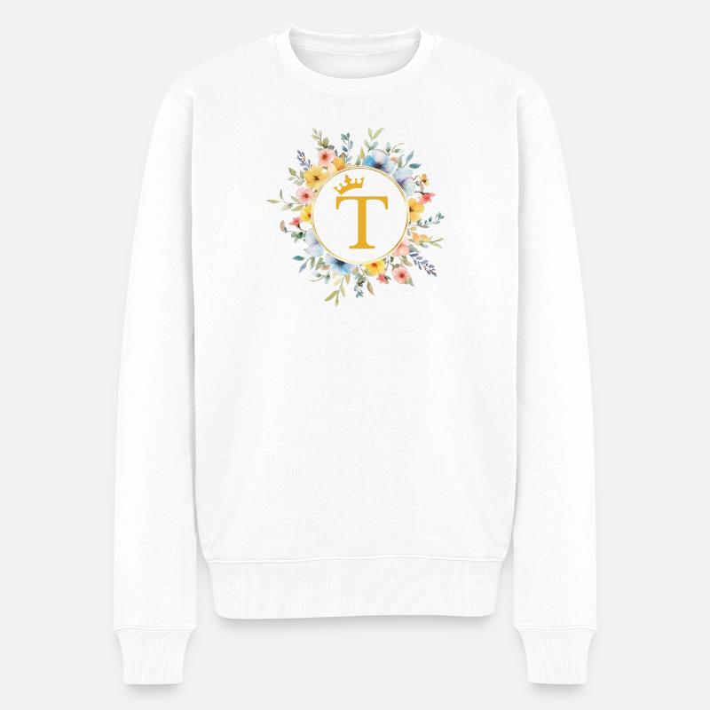 T monogramme, cercle de fleurs, personnalisable - Pull Premium bio Homme - blanc